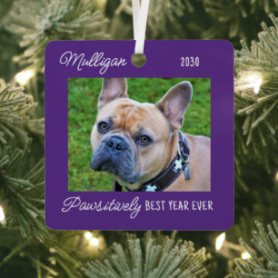 Adorno Metálico Foto de mascota morada de Navidad de perro lindo e