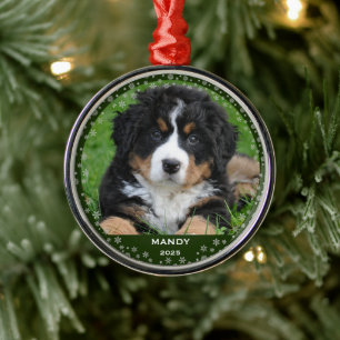 Adorno Metálico Foto de Navidad con nombre de mascota Copos de nie