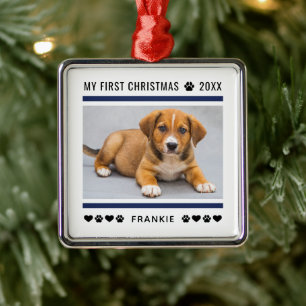 Adorno Metálico Foto de Navidad del cachorro azul marino moderno
