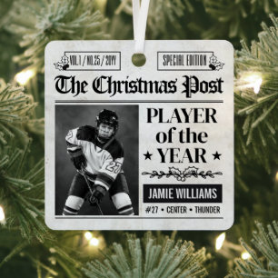 Adorno Metálico Foto de periódico de Navidad de hockey personaliza