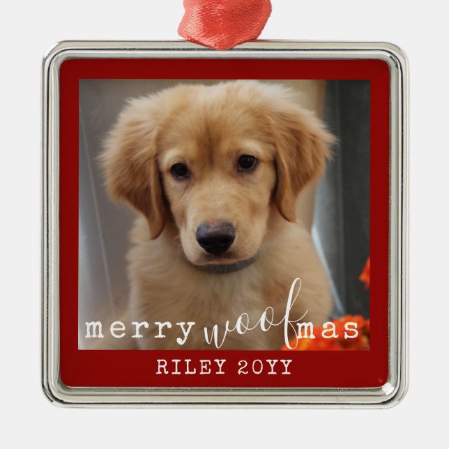 Adorno Metálico Foto de perro personalizada Merry WoofMas Rojo rus (Frente)