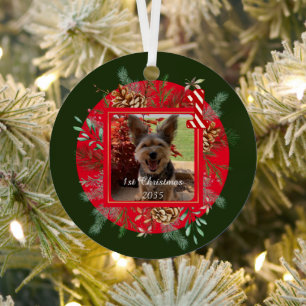 Adorno Metálico Foto de perro, personalizada, primera Navidad