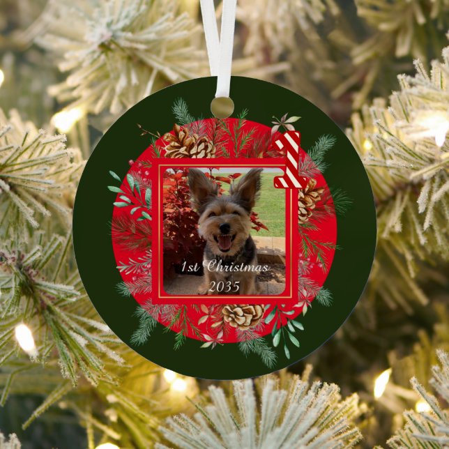 Adorno Metálico Foto de perro, personalizada, primera Navidad (in situ)