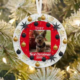 Adorno Metálico Foto de perro, personalizada, primera Navidad