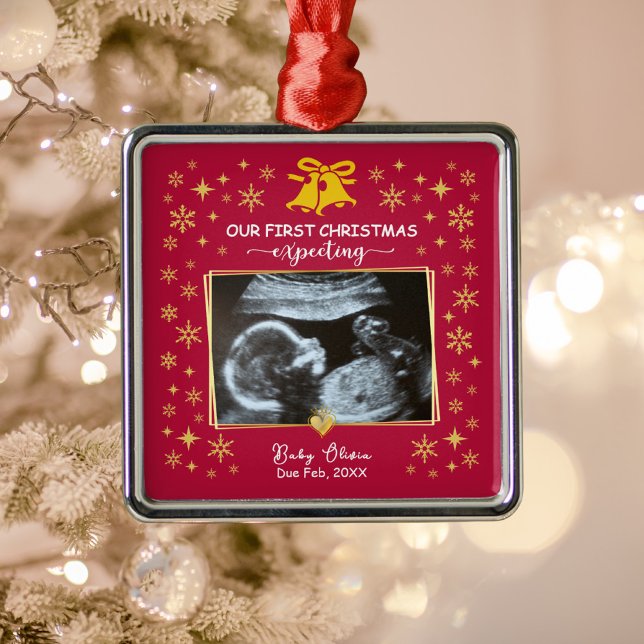 Adorno Metálico Foto del ultrasonido de oro 1ª Navidad Esperando K (Gold Ultrasound photo 1st xmas expecting metal ornament)