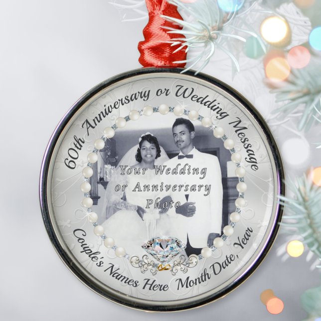 Adorno Metálico FOTO Diamante, 60 años de Boda (Inexpensive 60th anniversary Gifts. Diamond wedding anniversary gift ideas for friends. Ornament.)