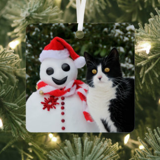 Adorno Metálico Foto divertida de Navidades de Cat y Santa Snowman
