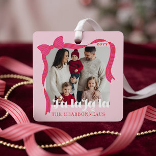 Adorno Metálico Foto Familiar de Navidad con Lazo Rosa Femenina Fa