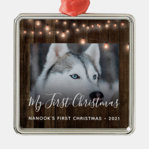 Adorno Metálico Foto Madera y Mascota ligero Primera Navidad