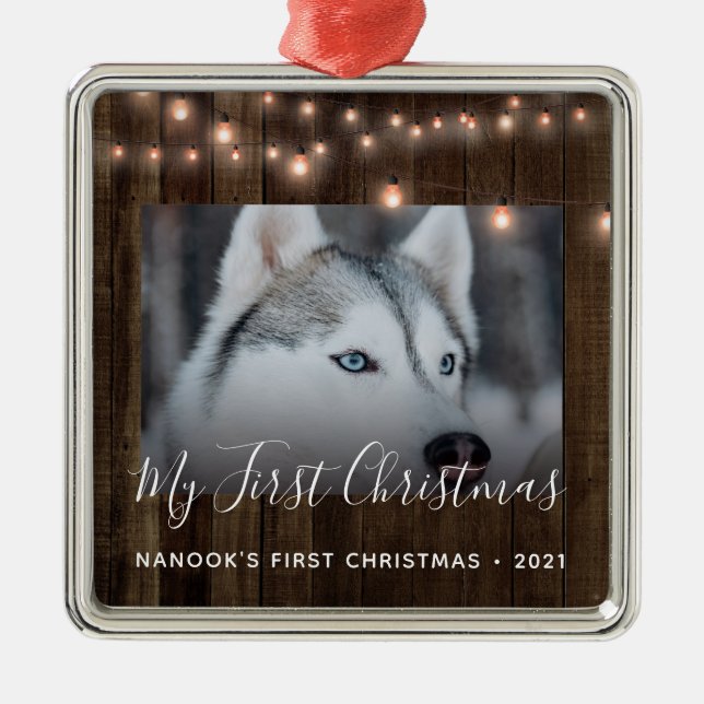 Adorno Metálico Foto Madera y Mascota ligero Primera Navidad (Frente)