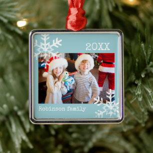 Adorno Metálico Foto personalizado Aqua Blue Ornament con copos de