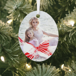 Adorno Metálico Foto Red White Plaid Bow Keepsake Date Navidades