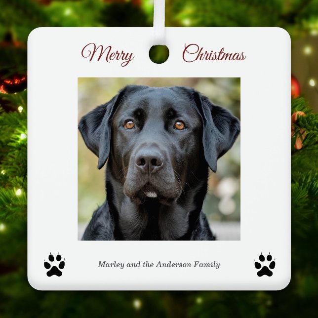 Adorno Metálico Foto simple de perro Feliz Navidad Blanco (Simple Dog Photo Merry Christmas White Ornament)