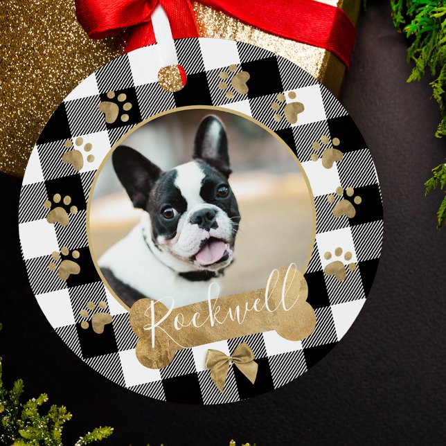 Adorno Metálico Fotografía de la familia Gold Bow del patrón negro (Black Buffalo Plaid Pattern Gold Bow Family Photo Metal Ornament)
