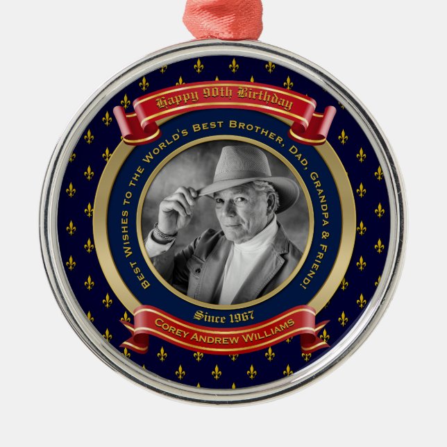 Adorno Metálico Fotos de oro de cumpleaños 90.ª Noventa Rojo Azul (Frente)