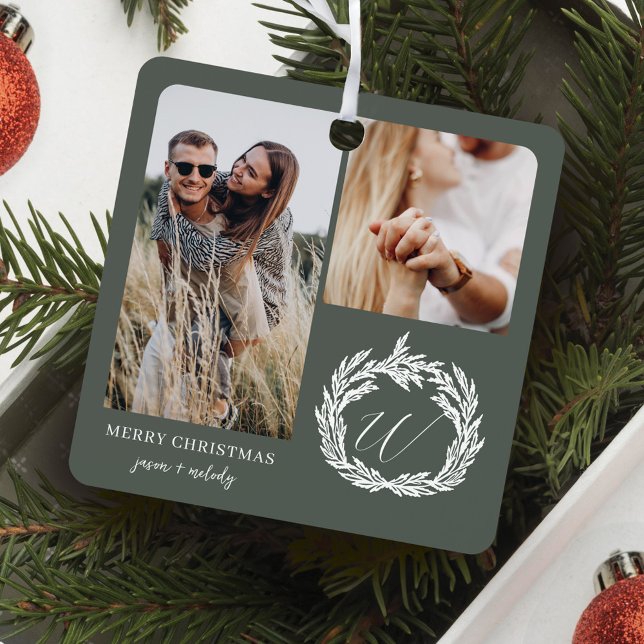 Adorno Metálico Fotos de Pareja Compromiso de Garland Wreath Monog (Couple Engagement Photos Garland Wreath Monogram Metal Ornament)