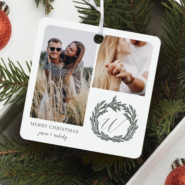 Adorno Metálico Fotos de Pareja Compromiso de Garland Wreath Monog (Couple Engagement Photos Garland Wreath Monogram Metal Ornament)