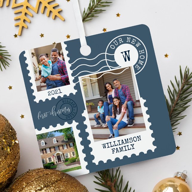 Adorno Metálico Fotos del estampado de la primera edición de navid (First Christmas New Home Fun Postage Stamp Photos Metal Ornament)