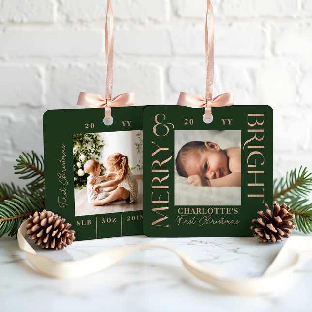 Adorno Metálico Fotos navideñas del primer bebé verde brillante (Merry & Bright Green Baby First Christmas Photos Metal Ornament)