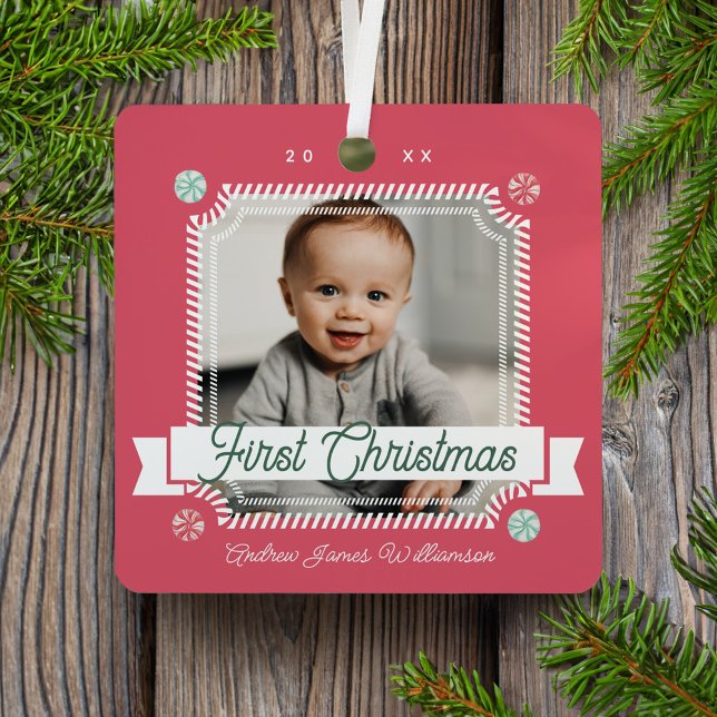 Adorno Metálico Fun Candy Primer marco de fotos de candy navideño (Fun Candy First Christmas Candy Cane Photo Frame Metal Ornament)