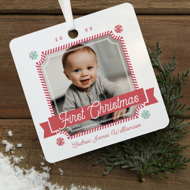 Adorno Metálico Fun Candy Primer marco de fotos de candy navideño (Fun Candy First Christmas Candy Cane Photo Frame Metal Ornament)