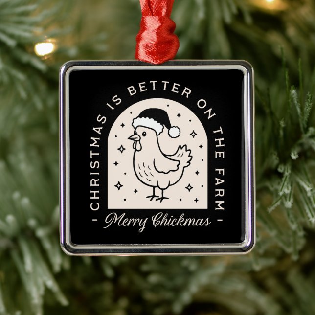 Adorno Metálico Funny chicken Christmas farm puns whimsical black (Árbol)