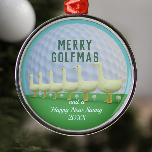 Adorno Metálico Funny Golf Merry Golfmas Golfer Personalizado (Merry Golfmas and a Happy New Swing! 6 Geese a laying golf balls!)
