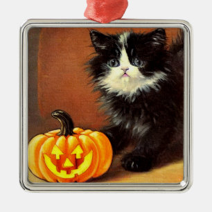Adorno Metálico Gatito de Halloween blanco y negro vintage