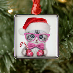 Adorno Metálico Gatito en gorra de Navidades