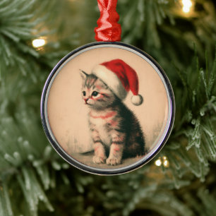 Adorno Metálico Gatito en un Ilustracion retro vintage de Santa Ha