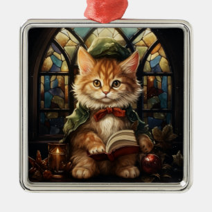 ADORNO METÁLICO GATITO NARANJA ATIGRADO DE VIDRIO TEÑIDO COLORIDO