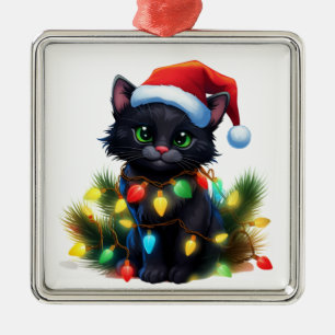 ADORNO METÁLICO GATITO NEGRO MONO LUZ NAVIDEÑA DE VACACIONES