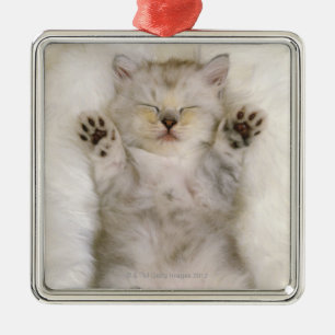 Adorno Metálico Gatito que duerme en una alfombra mullida blanca,