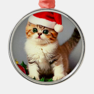 Adorno Metálico Gatito vintage de Navidad en Santa Hat