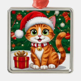 Adorno Metálico Gato Adorable con Sombrero de Santa con Regalo
