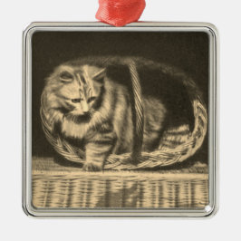 Adorno Metálico Gato Antiguo en una Cesta