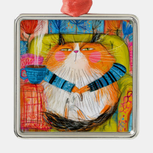 Adorno Metálico Gato Atigrado Naranja Presumido Bebiendo Café