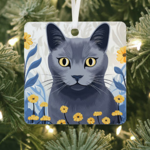 Adorno Metálico Gato Azul Ruso Flores Amarillas