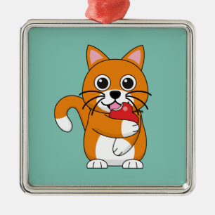 Adorno Metálico Gato blanco Naranja lindo comiendo Personalizado d
