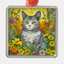 Gato caprichoso y flores
