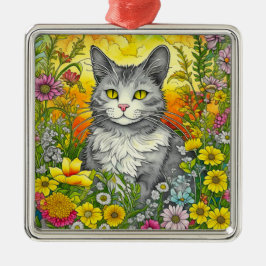 Adorno Metálico Gato caprichoso y flores