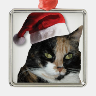 Adorno Metálico Gato de Calico con un Gorra de Santa Claus