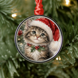 Adorno Metálico Gato de Navidad con Gorro de Santa