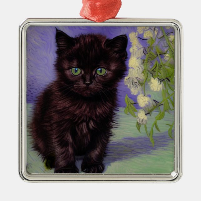 Adorno Metálico Gato estilo Van Gogh con flores blancas (Frente)