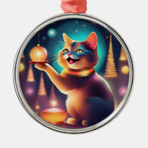 Adorno Metálico Gato feliz celebrando Navidades,Ornament