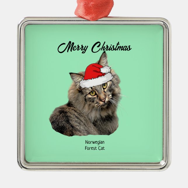 Adorno Metálico Gato forestal noruego con Santa Hat (Frente)