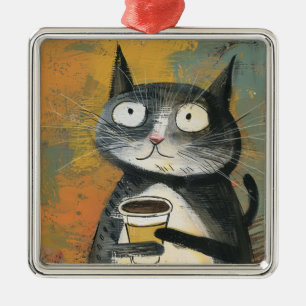 Adorno Metálico Gato Gris con Café sobre Ocre