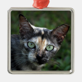 Adorno Metálico Gato Gris Marrón Blanco con Ojos Verdes