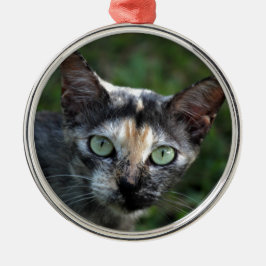 Adorno Metálico Gato Gris Marrón Blanco con Ojos Verdes
