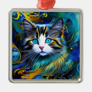 Adorno Metálico Gato místico hermoso en azules y dorados